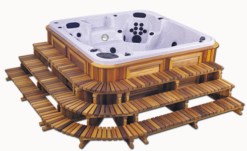 the 3 Tier Hot Tub Stair Package next to a hot tub